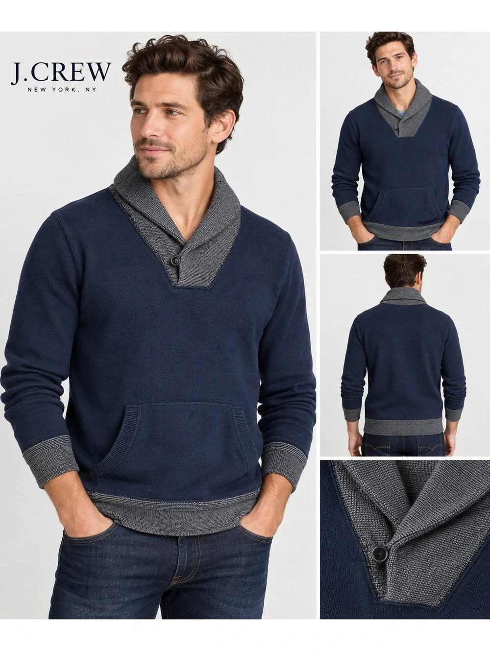 J.Crew Men's Shawl Collar Pullover Sweater Navy Gray 100% Cotton Size S
